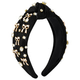 PANTIDE Black Bow Jeweled Knotted Headband - Rhinestone Crystal Pearl Embellished Headband Wide Top Knot Non Slip Hairband Accessories Bachelorette Wedding Birthday Gift for Women Girl (Black)
