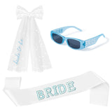 PANTIDE Blue Bachelorette Party Decorations - 3Pcs Blue Bride Sunglasses Sash Bride to Be Bow Veil, Bridal Shower Wedding