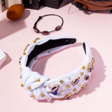 PANTIDE Football Jeweled Knotted Headband - Blue Football Rhinestone Crystal Embellished Headband Wide Top Knot Fashion Hairband Mom Accessories Sport Game Day Birthday Gift for Fan Women Girl (White)
