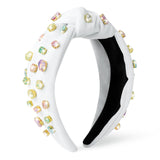 PANTIDE Easter Jeweled Knotted Headband - Spring Colorful Rhinestone Crystal Embellished Headband Non Slip Wide Top Knot Costume Hairband Hair Accessories Party Birthday Gift for Women Girls (White)