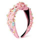 PANTIDE Easter Bunny Jeweled Knotted Headband - Rabbits Colorful Rhinestone Embellished Headband Non Slip Wide Top Knot Hairband Hair Accessories Spring Birthday Gift for Women Girls (Pink)