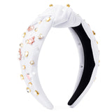 PANTIDE Heart Jeweled Knotted Headband - Rose Gold Flower Rhinestone Crystal Embellished Headband Wide Top Knot Fashion Hairband Accessories Birthday Gift for Women Girl (White)