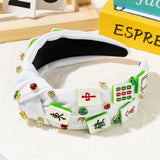 PANTIDE Mahjong Jeweled Knotted Headband - Mah Jong Pearl Rhinestone Embellished Headband Non Slip Wide Top Knot Fashion Hairband Hair Accessories Birthday Gift for Women Girls Mahjong Lovers (White)