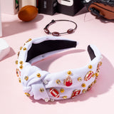 PANTIDE Football Jeweled Knotted Headband - Red Football Rhinestone Crystal Embellished Headband Wide Top Knot Fashion Hairband Mom Accessories Sports Game Day Birthday Gift for Fan Women Girl (White)