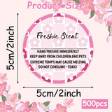 PANTIDE Freshiess Scent Care Instruction Stickers - 500 Count Car Freshie Warning Round Labels, Adhesive Roll Stickers with Line to Write Thermal Printed for Small Business (2 x 2 Inch, Pink Flower)