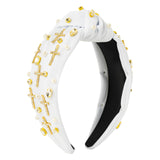 PANTIDE Cross Jeweled Knotted Headband - Easter Christian Religious Cross Pearl Rhinestone Embellished Headband Non Slip Wide Top Knot Hairband Hair Accessories Birthday Gift for Women Girls (White)