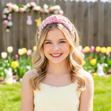 PANTIDE Easter Bunny Jeweled Knotted Headband - Rabbits Colorful Rhinestone Embellished Headband Non Slip Wide Top Knot Hairband Hair Accessories Spring Birthday Gift for Women Girls (Pink)