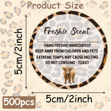 PANTIDE Freshiess Scent Care Instruction Stickers - 500 Count Car Freshie Warning Round Labels, Adhesive Roll Stickers with Line to Write Thermal Printed for Small Business (2 x 2 Inch, Leopard Cow)