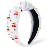 PANTIDE Cherry Jeweled Knotted Headband - Red Cherry Cute Charms Rhinestone Pearl Embellished Headband Wide Top Knot Non Slip Fashion Hairband Hair Accessories Birthday Gift for Women Girl (White)