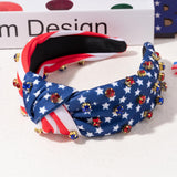 PANTIDE American Flag Jeweled Knotted Headband - Independence Day 4th of July Patriotic Star Rhinestone Embellished Headband Wide Top Knot Hairband Hair Accessories for Women Girls (Red White Blue)