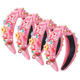 PANTIDE 4Pcs Floral Jeweled Knotted Headband - Rainbow Rhinestone Crystal Embellished Headband Wide Top Knot Fashion Hairband Hair Accessories Summer Birthday Back To School Gift for Women Girl (Pink)
