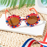 PANTIDE American Babe Sunglasses - Red White Blue Pearls Rhinestone Round Shaped Sunglasses, Fourth of July Patriotic Party Favors Outdoor Beach Glasses Accessories, Jewelry Gift for Kids (Red)