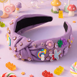 PANTIDE Purple Floral Rainbow Jeweled Knotted Headband for Women Girls