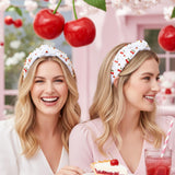 PANTIDE Cherry Jeweled Knotted Headband - Red Cherry Cute Charms Rhinestone Pearl Embellished Headband Wide Top Knot Non Slip Fashion Hairband Hair Accessories Birthday Gift for Women Girl (White)