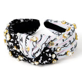 PANTIDE Teacher Jeweled Knotted Headband - Back to School Composition Notebook Rhinestone Pearl Embellished Headband Top Knot Hair Accessories Teacher Appreciation Gift For Women Girls (Black White)