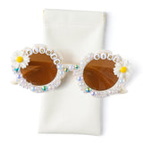 PANTIDE Flower Girl Sunglasses - Daisy Floral Pearls Round Shaped Sunglasses, Wedding Engagement Party Favors Outdoor Beach Glasses Accessories, Jewelry Gift for Girls Little Bridesmaid (White)