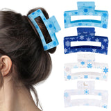 PANTIDE 4Pcs Snowflake Hair Claw Clips for Women Girl - Winter Snow Blue White Rectangle Nonslip Banana Hair Clips, Thin Thick Short Long Curly Accessories, Christmas Holiday Party Gift