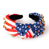 PANTIDE American Flag Jeweled Knotted Headband - Independence Day 4th of July Patriotic Star Rhinestone Embellished Headband Wide Top Knot Hairband Hair Accessories for Women Girls (Red White Blue)