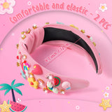 PANTIDE 2Pcs Floral Jeweled Knotted Headband - Rainbow Rhinestone Crystal Embellished Headband Wide Top Knot Fashion Hairband Hair Accessories Summer Birthday Back To School Gift for Women Girl (Pink)