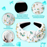PANTIDE Blue Bow and Seashell Jeweled Knotted Headband - Rhinestone Crystal Pearl Embellished Headband Wide Top Knot Non Slip Hairband Accessories Ocean Beach Birthday Gift for Women Girl (White)