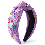 PANTIDE Purple Floral Rainbow Jeweled Knotted Headband for Women Girls
