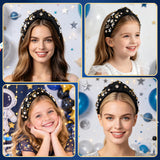PANTIDE Space Astronaut Jeweled Knotted Headband for Women Girls (Black)