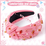 PANTIDE Christmas Jeweled Knotted Headband - Xmas Candy Cane Rhinestone Crystal Pearl Embellished Headband None Slip Wide Top Knot Fashion Hairband Hair Accessories Birthday Gift for Women Girl (Pink)