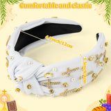 PANTIDE Cross Jeweled Knotted Headband - Easter Christian Religious Cross Pearl Rhinestone Embellished Headband Non Slip Wide Top Knot Hairband Hair Accessories Birthday Gift for Women Girls (White)