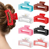 PANTIDE 8Pcs Polka Dot Striped Hair Claw Clips for Women Girls - Red Black White Pink Rectangle Nonslip Banana Hair Clips, Thin Thick Short Long Curly Accessories, Birthday Party Holiday Gifts
