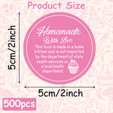 PANTIDE Cottage Food Law Labels Stickers - 500 Count Homemade with Love Adhesive Round Decal Roll, Made in A Home Kitchen Inspection Statement Thermal Printed for Food Packaging (2 x 2 Inch, Pink)
