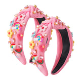 PANTIDE 2Pcs Floral Jeweled Knotted Headband - Rainbow Rhinestone Crystal Embellished Headband Wide Top Knot Fashion Hairband Hair Accessories Summer Birthday Back To School Gift for Women Girl (Pink)