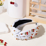 PANTIDE Cherry Jeweled Knotted Headband - Red Cherry Cute Charms Rhinestone Pearl Embellished Headband Wide Top Knot Non Slip Fashion Hairband Hair Accessories Birthday Gift for Women Girl (White)