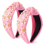 PANTIDE 2Pcs Ballerina Jeweled Knotted Headband - Dancing Girl Ballet Shoes Rhinestone Crystal Pearl Embellished Headband Wide Top Knot Hair Accessories Birthday Gift for Dancer Women Girl (Pink)