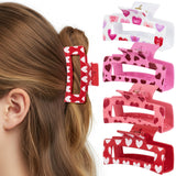 PANTIDE 4Pcs Valentine's Day Hair Claw Clips for Women Girls - Retro Love Heart Rectangle Nonslip Banana Acrylic Hair Clips, Thin Thick Short Long Curly Accessories, Valentines Birthday Party Gift