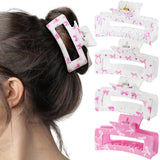PANTIDE 4Pcs Coquette Pink Bow Hair Claw Clips for Women Girls - Cute Bow Preppy Trendy Rectangle Nonslip Banana Hair Clips, Thin Thick Short Long Curly Accessories, Birthday Bachelorette Wedding Gift