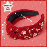 PANTIDE Christmas Jeweled Knotted Headband - Xmas Candy Cane Lollipop Rhinestone Crystal Embellished Headband Wide Top Knot Fashion Glitter Hairband Hair Accessories Birthday Gift for Women Girl (Red)