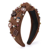 PANTIDE Coffee Jeweled Knotted Headband for Women Girl Coffee Lover (Brown)