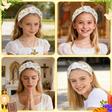 PANTIDE Cross Jeweled Knotted Headband - Easter Christian Religious Cross Pearl Rhinestone Embellished Headband Non Slip Wide Top Knot Hairband Hair Accessories Birthday Gift for Women Girls (White)