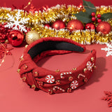 PANTIDE Christmas Jeweled Knotted Headband - Xmas Candy Cane Lollipop Rhinestone Crystal Embellished Headband Wide Top Knot Fashion Glitter Hairband Hair Accessories Birthday Gift for Women Girl (Red)