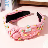 PANTIDE Easter Bunny Jeweled Knotted Headband - Rabbits Colorful Rhinestone Embellished Headband Non Slip Wide Top Knot Hairband Hair Accessories Spring Birthday Gift for Women Girls (Pink)