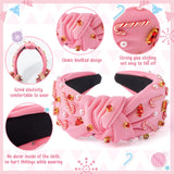PANTIDE Christmas Jeweled Knotted Headband - Xmas Candy Cane Rhinestone Crystal Pearl Embellished Headband None Slip Wide Top Knot Fashion Hairband Hair Accessories Birthday Gift for Women Girl (Pink)