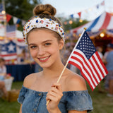 PANTIDE American Flag Jeweled Knotted Headband - Fourth of July Patriotic Red White Blue Star Pearl Rhinestone Embellished Headband Wide Top Knot Hairband Hair Accessories for Women Girls (White)