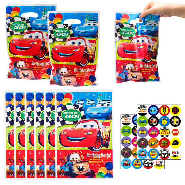 PANTIDE Race Car Goodies Candy Treat Bags, 50Pcs Race Car Plastic Bags with Stickers, Let’s Go Racing Birthday Party Favors Party Supplies for Kids Adults, Racing Theme Party Gift Bags with Handles
