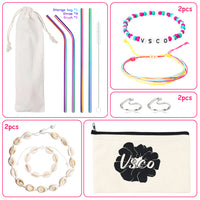 PANTIDE 69Pcs VSCO Starter Stuff Pack for Girls-VSCO Hair Scrunchies, Flask Stickers, Shell Choker Necklace Bracelet, Adjustable Wave Beads Bracelets, Stainless Steel Straws, Wave Rings, Cosmetic Bag