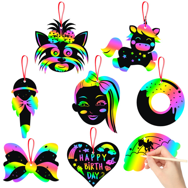 PANTIDE 80Pcs JOJO Rainbow Scratch Paper Cards, DIY Unicorn Magic Scratch Off Art Crafts Kit with 25 Wooden Styluses, JOJO Themed Party Favors Party Games Decorations Christmas Birthday Gifts for Kids