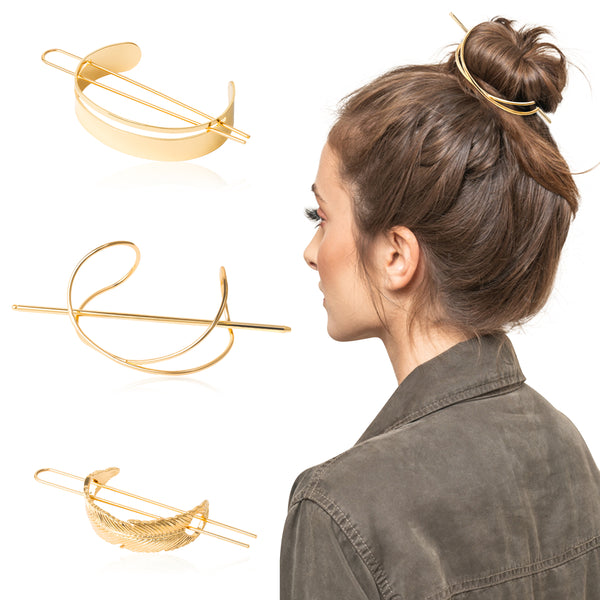 PANTIDE 3Pcs Hair Cuff Bun Cage Kit- Feather/Semicircle/X-Shaped High Polished Alloy Hair Accessories for Women, Vintage Hair Slide Pin with Stick, Simple Minimalist Metal Geometric Hair Clip(Gold)