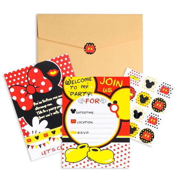 Laffact 36Pcs Party Invitation Cards for Kids Cartoon Mouse Themed Birthday with Envelopes and Stickers-5.90"x4.30" Double Sided Printed Fill-in the Blank, Red and Black Mouse Party Supplies Favors