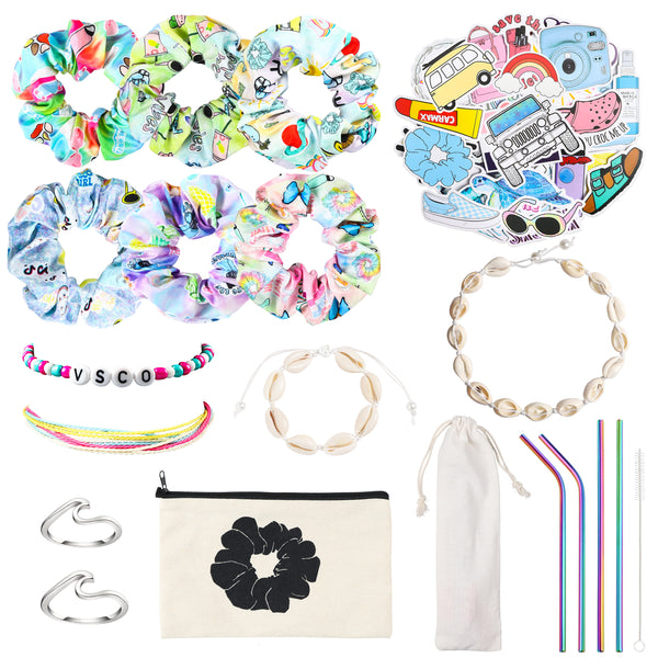PANTIDE 69Pcs VSCO Starter Stuff Pack for Girls-VSCO Hair Scrunchies, Flask Stickers, Shell Choker Necklace Bracelet, Adjustable Wave Beads Bracelets, Stainless Steel Straws, Wave Rings, Cosmetic Bag