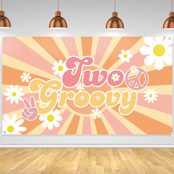 PANTIDE Two Groovy Retro Hippie Boho Girl Party Backdrop Banner Daisy Flower Groovy Sign Photography Background Wall Decor Hippie Theme Birthday Party Decoration Supplies for Baby Girls 2nd Birthday
