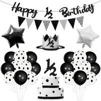PANTIDE 6 Months Birthday Decorations Set for Baby Boy, Black & White Happy 1/2 Birthday Triangle Flag Banner Glitter 1/2 Cake Topper Crown Hat Latex Foil Balloons for Half Year Birthday Baby Shower